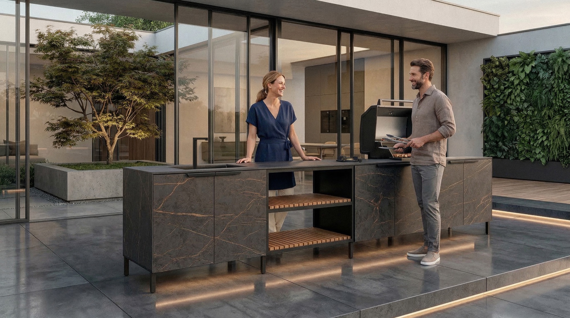 Grill, sink and open shelving
