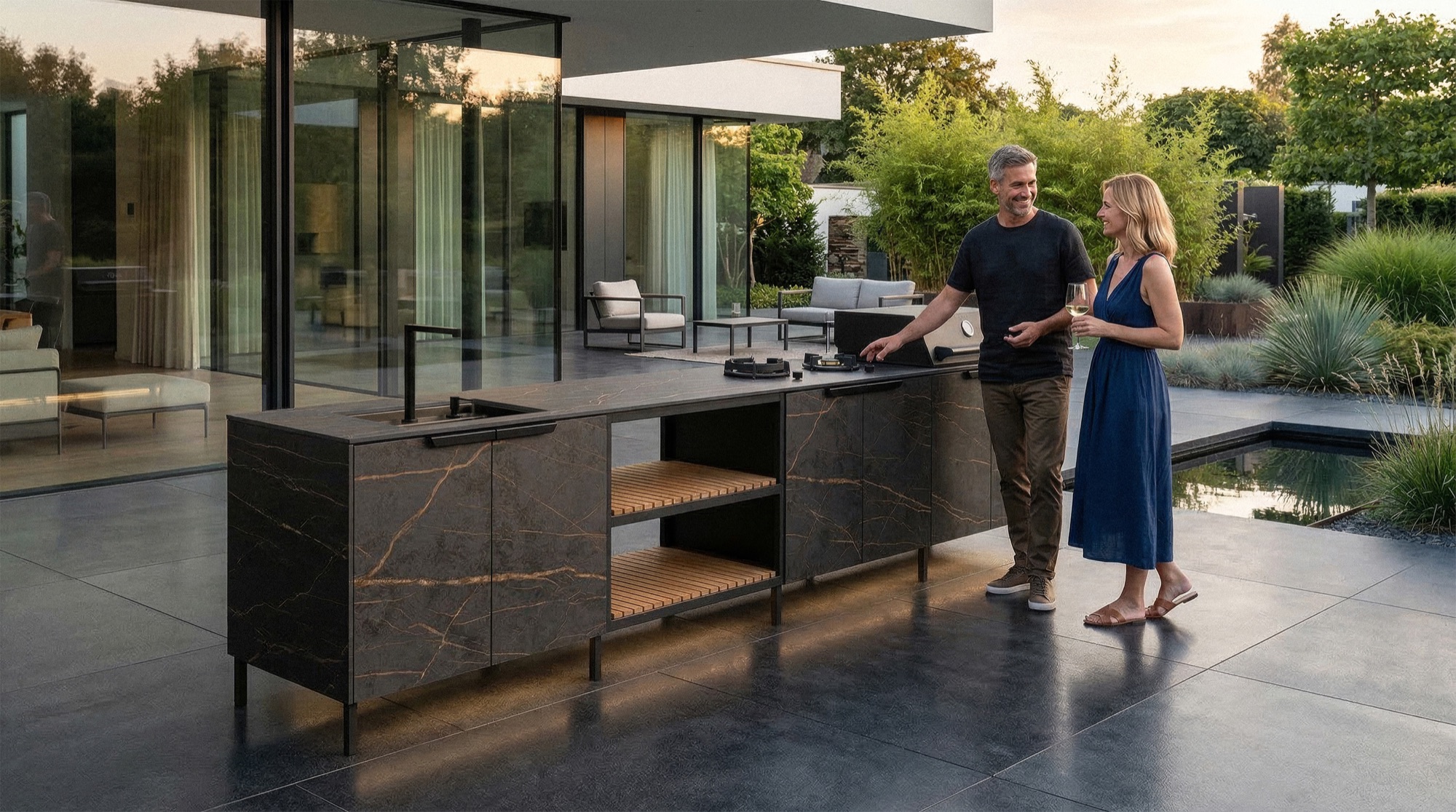 Grill and sink, facing the view