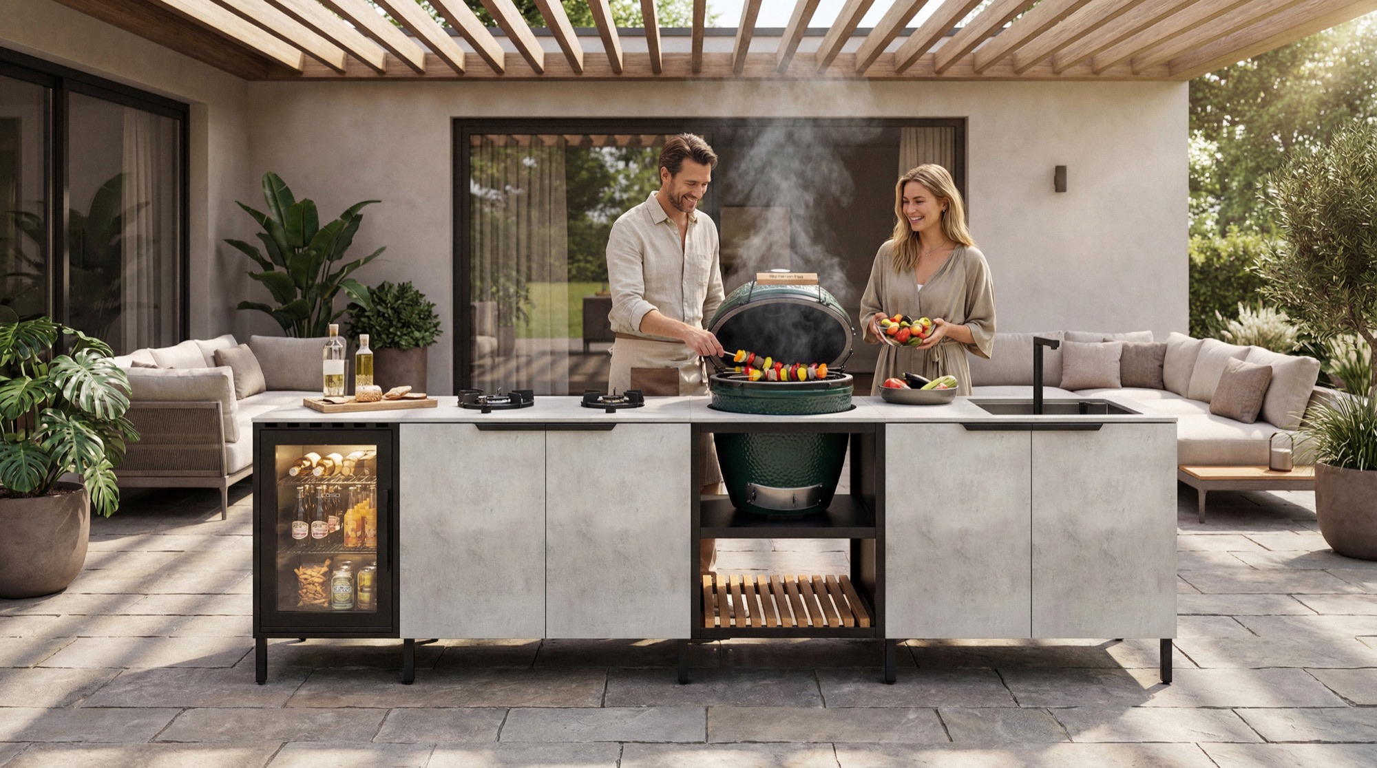 Kamado, burners and sink in one run